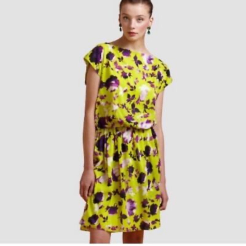 Alice + Olivia Yellow Floral silk, lined Dress with Purple Accents medium
